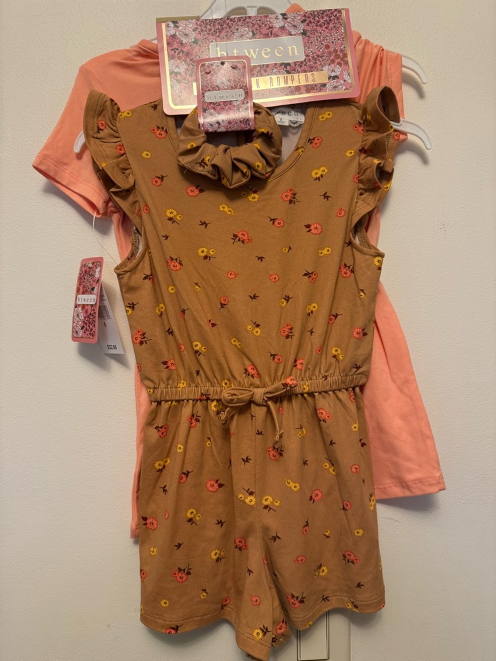 btween Girls' Brown Floral Romper with Peach Romper 2 pack